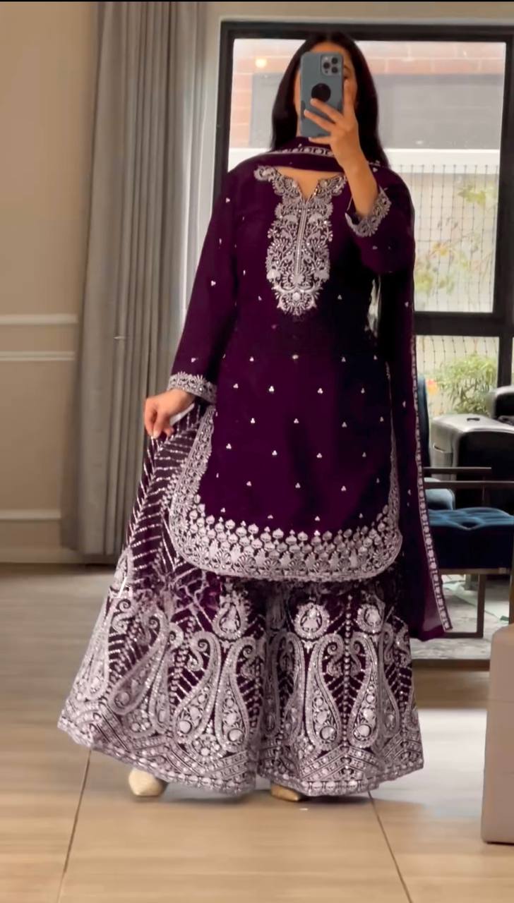 Ethnic Heavy Embroidered Chinon Silk Suit with Fancy Borders & Sharara Plazzo