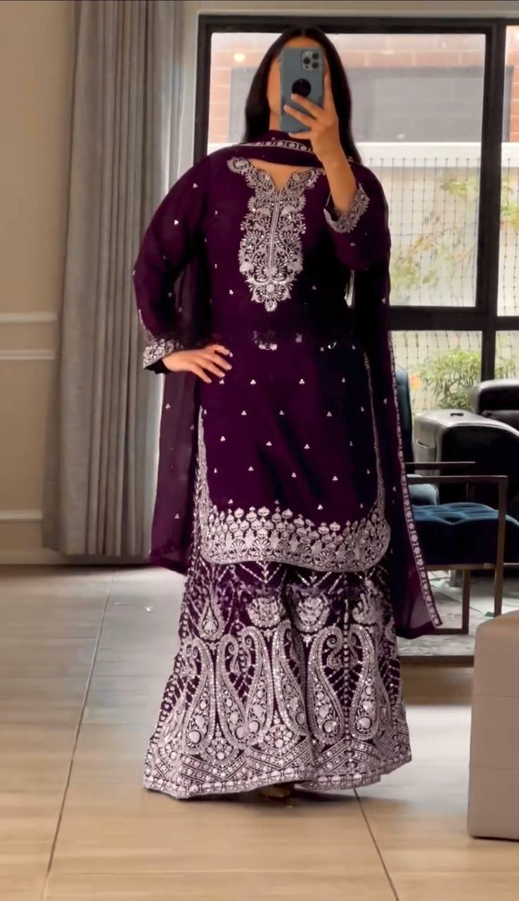 Ethnic Heavy Embroidered Chinon Silk Suit with Fancy Borders & Sharara Plazzo