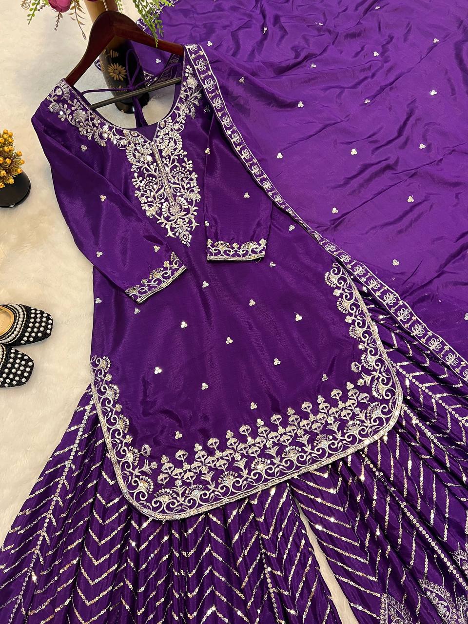 Ethnic Heavy Embroidered Chinon Silk Suit with Fancy Borders & Sharara Plazzo