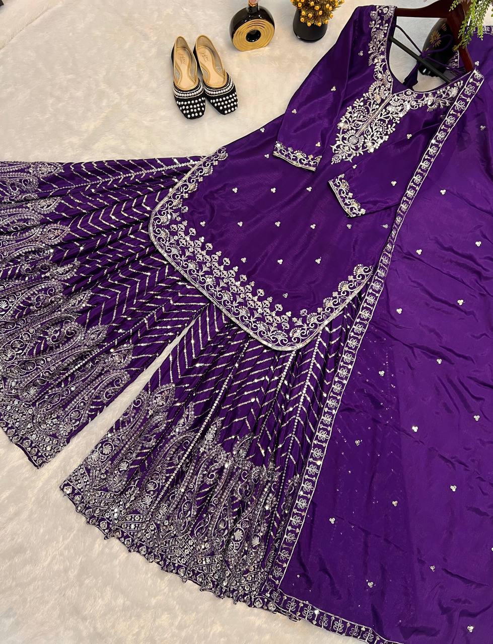 Ethnic Heavy Embroidered Chinon Silk Suit with Fancy Borders & Sharara Plazzo
