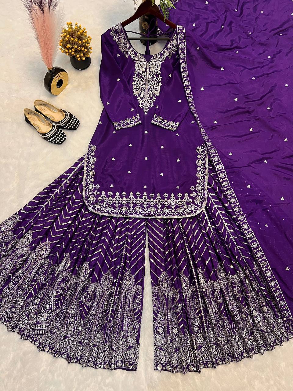 Ethnic Heavy Embroidered Chinon Silk Suit with Fancy Borders & Sharara Plazzo