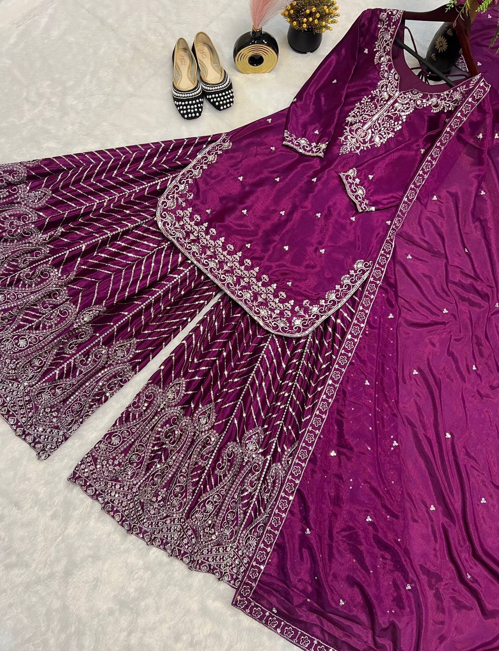 Ethnic Heavy Embroidered Chinon Silk Suit with Fancy Borders & Sharara Plazzo