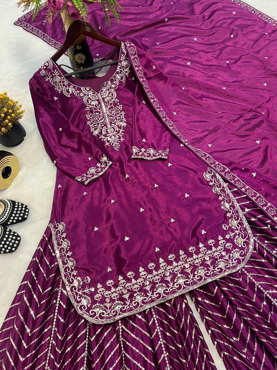Ethnic Heavy Embroidered Chinon Silk Suit with Fancy Borders & Sharara Plazzo