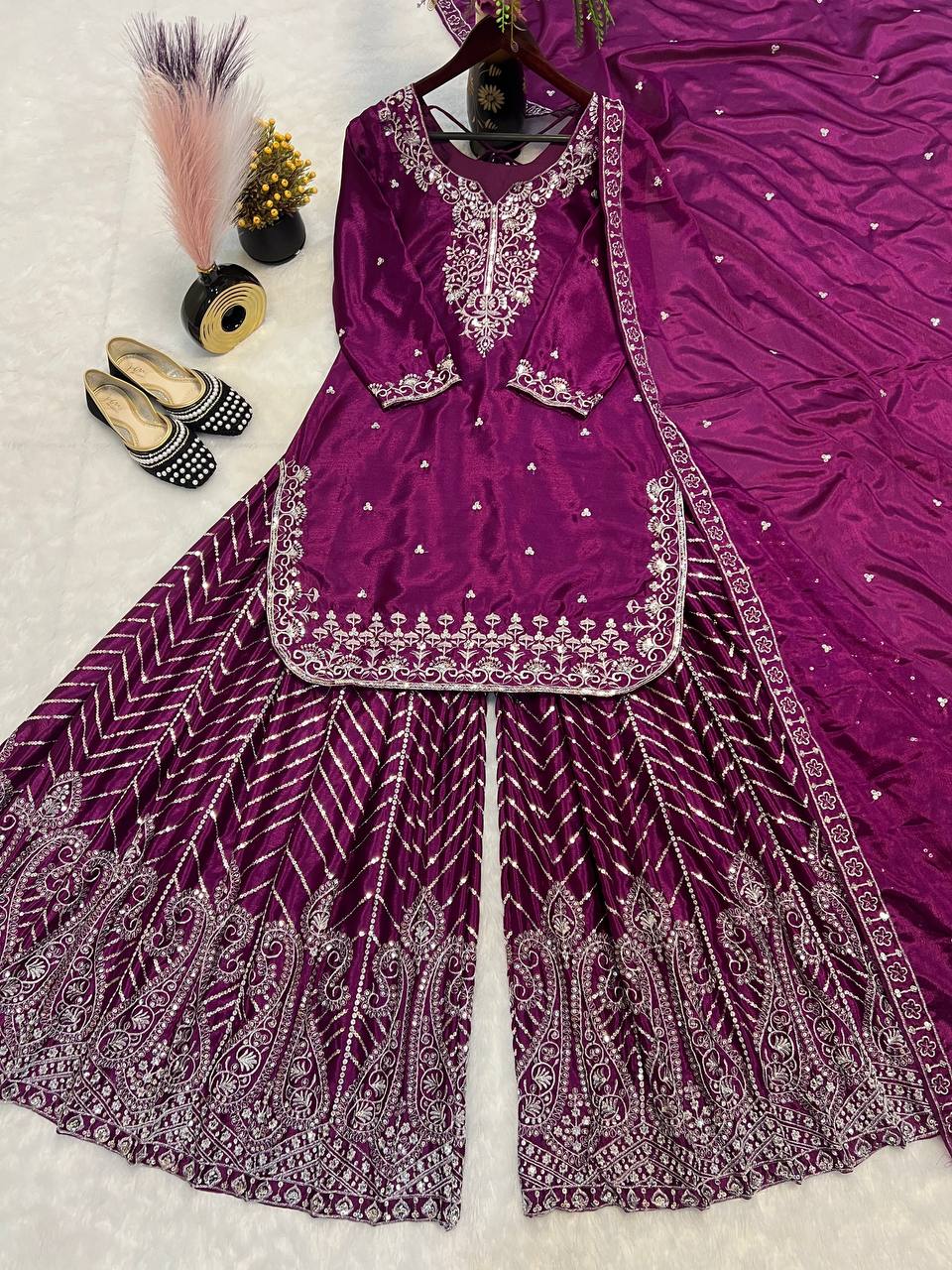 Ethnic Heavy Embroidered Chinon Silk Suit with Fancy Borders & Sharara Plazzo