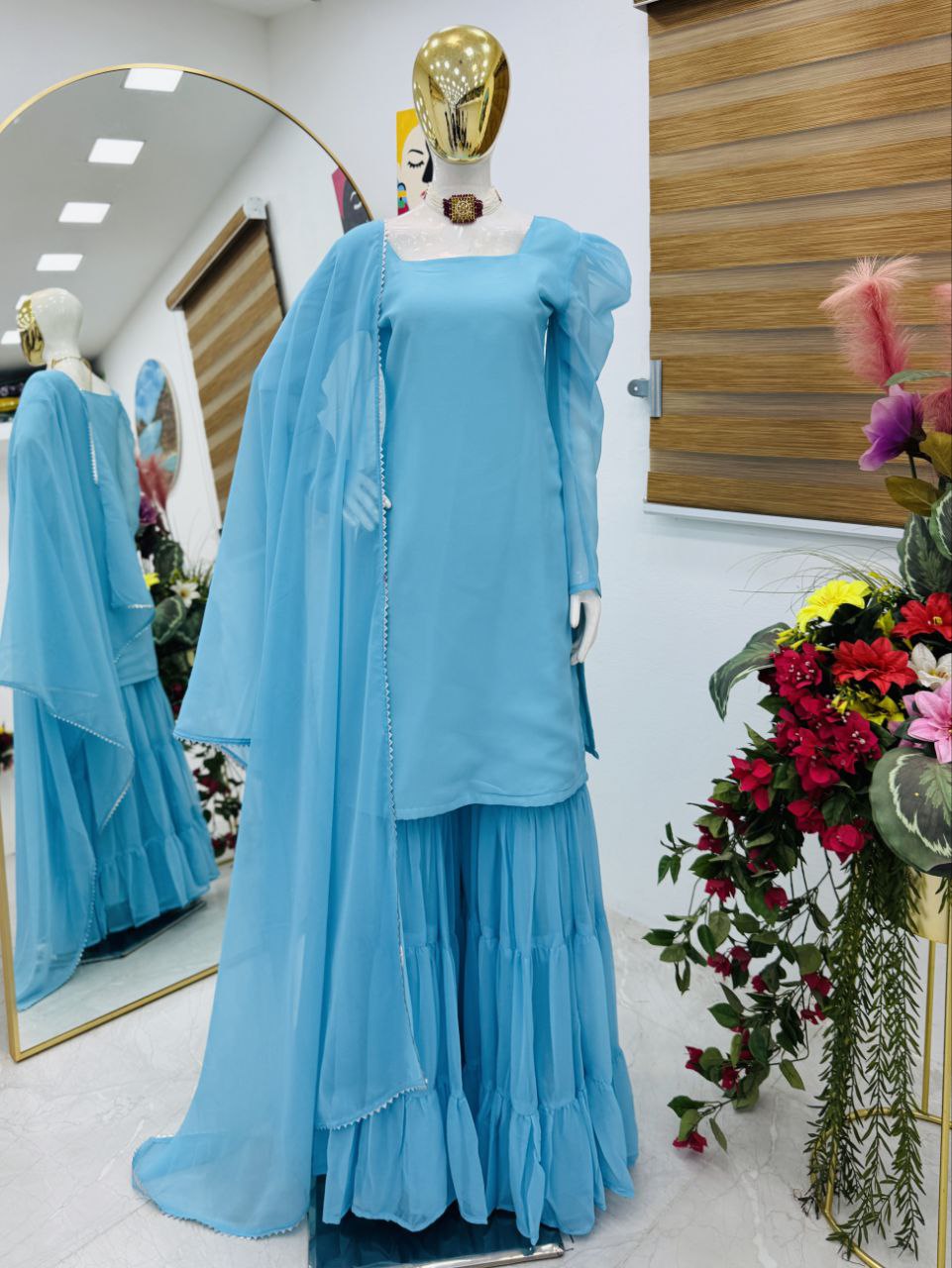 Pure Crepe Silk Embroidered Top Palazzo Dupatta Set for Parties