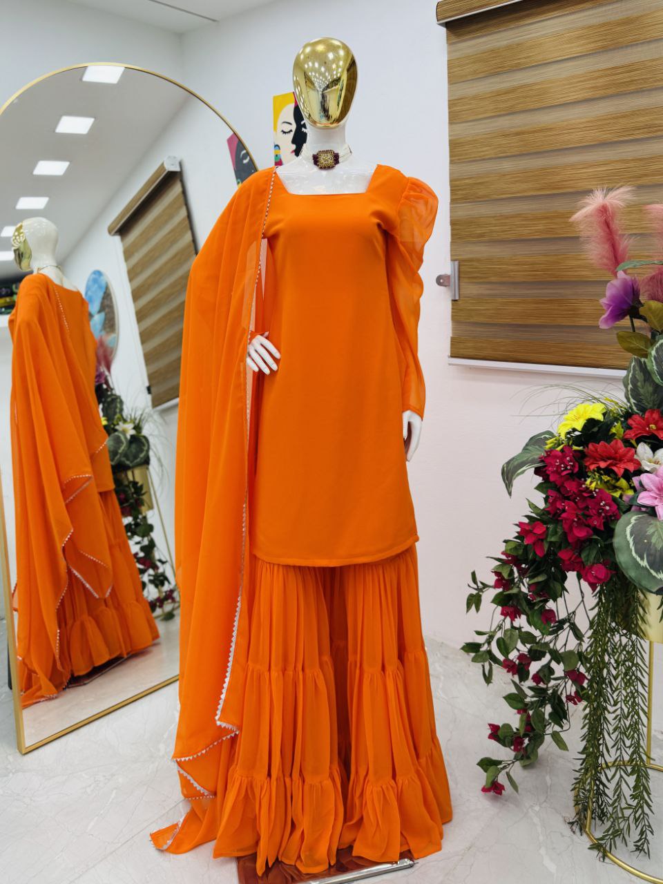 Pure Crepe Silk Embroidered Top Palazzo Dupatta Set for Parties