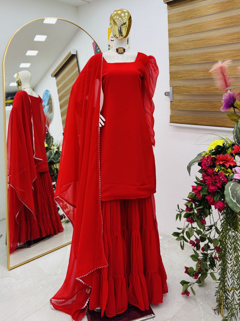 Pure Crepe Silk Embroidered Top Palazzo Dupatta Set for Parties