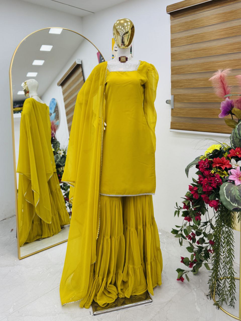 Pure Crepe Silk Embroidered Top Palazzo Dupatta Set for Parties