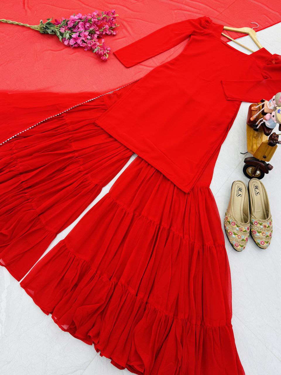 Pure Crepe Silk Embroidered Top Palazzo Dupatta Set for Parties