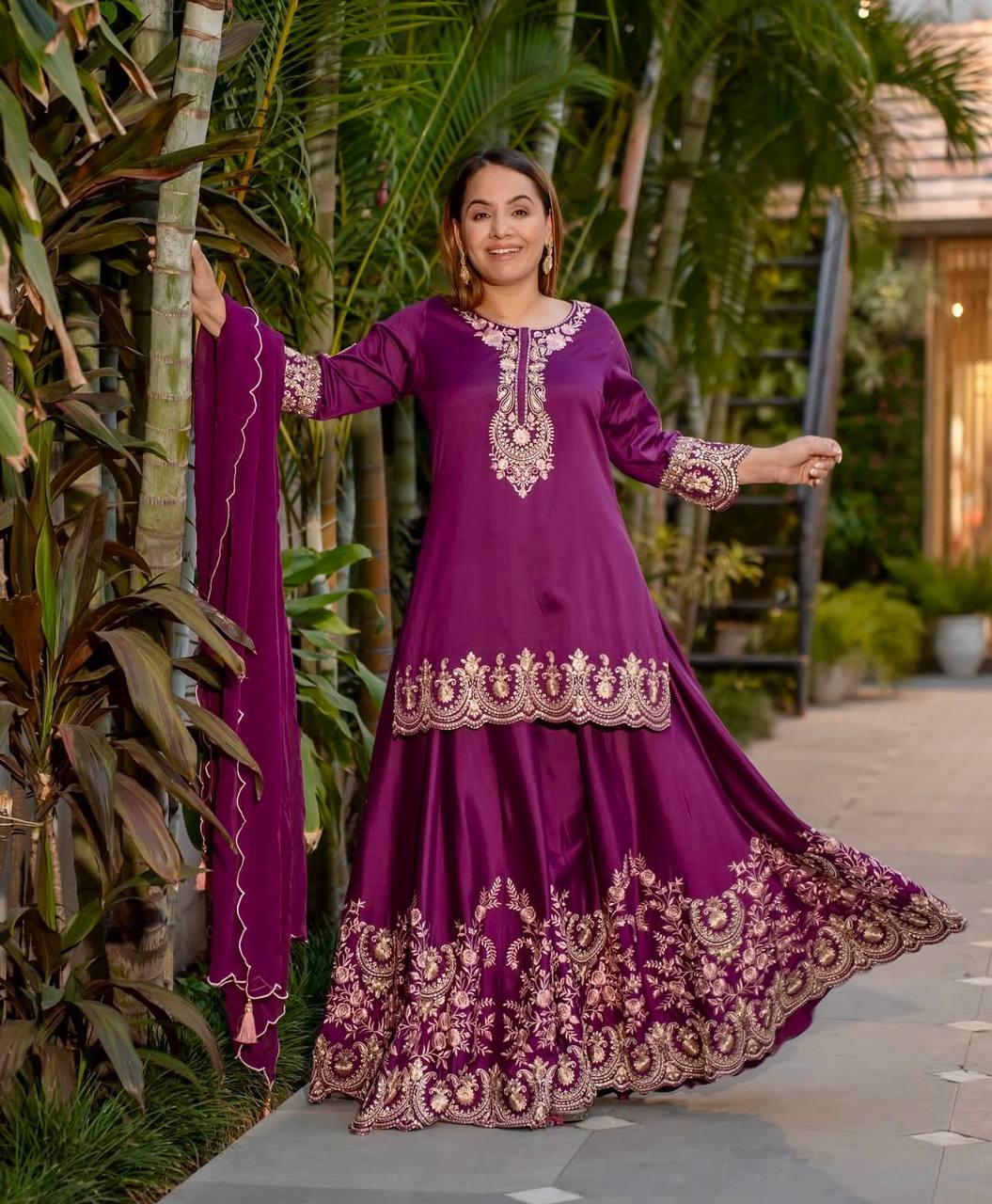 Pure Heavy Natural Crepe Silk with Heavy Embroidery & Fancy Latkan Dori Sleeves