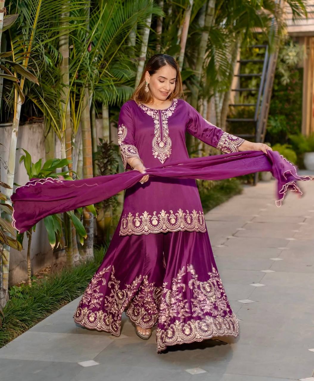Pure Heavy Natural Crepe Silk with Heavy Embroidery & Fancy Latkan Dori Sleeves