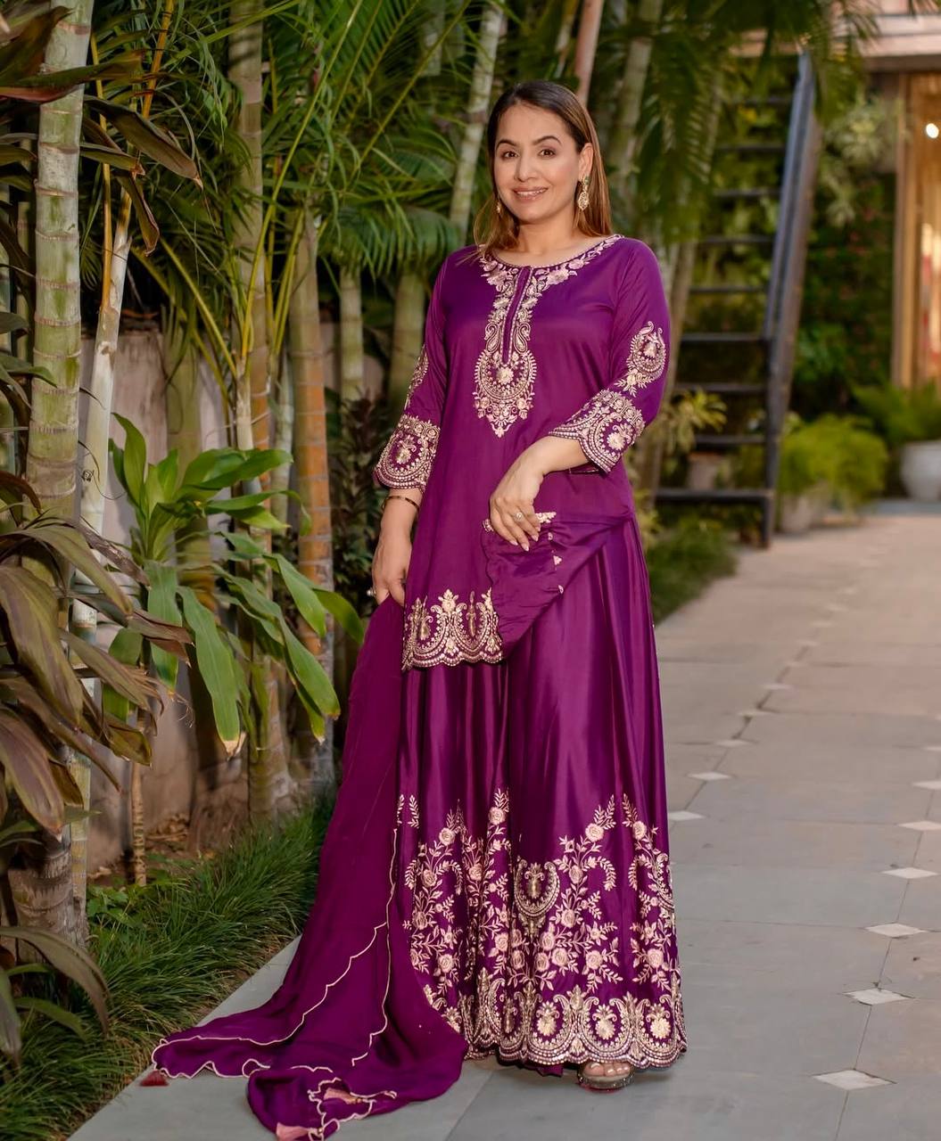 Pure Heavy Natural Crepe Silk with Heavy Embroidery & Fancy Latkan Dori Sleeves
