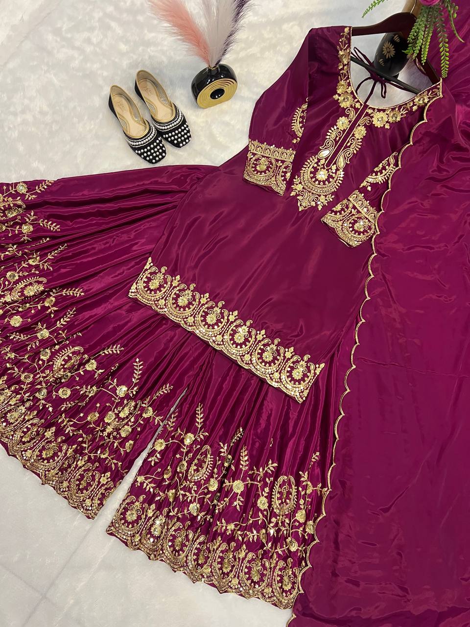 Pure Heavy Natural Crepe Silk with Heavy Embroidery & Fancy Latkan Dori Sleeves