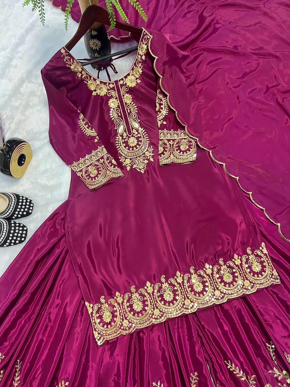 Pure Heavy Natural Crepe Silk with Heavy Embroidery & Fancy Latkan Dori Sleeves