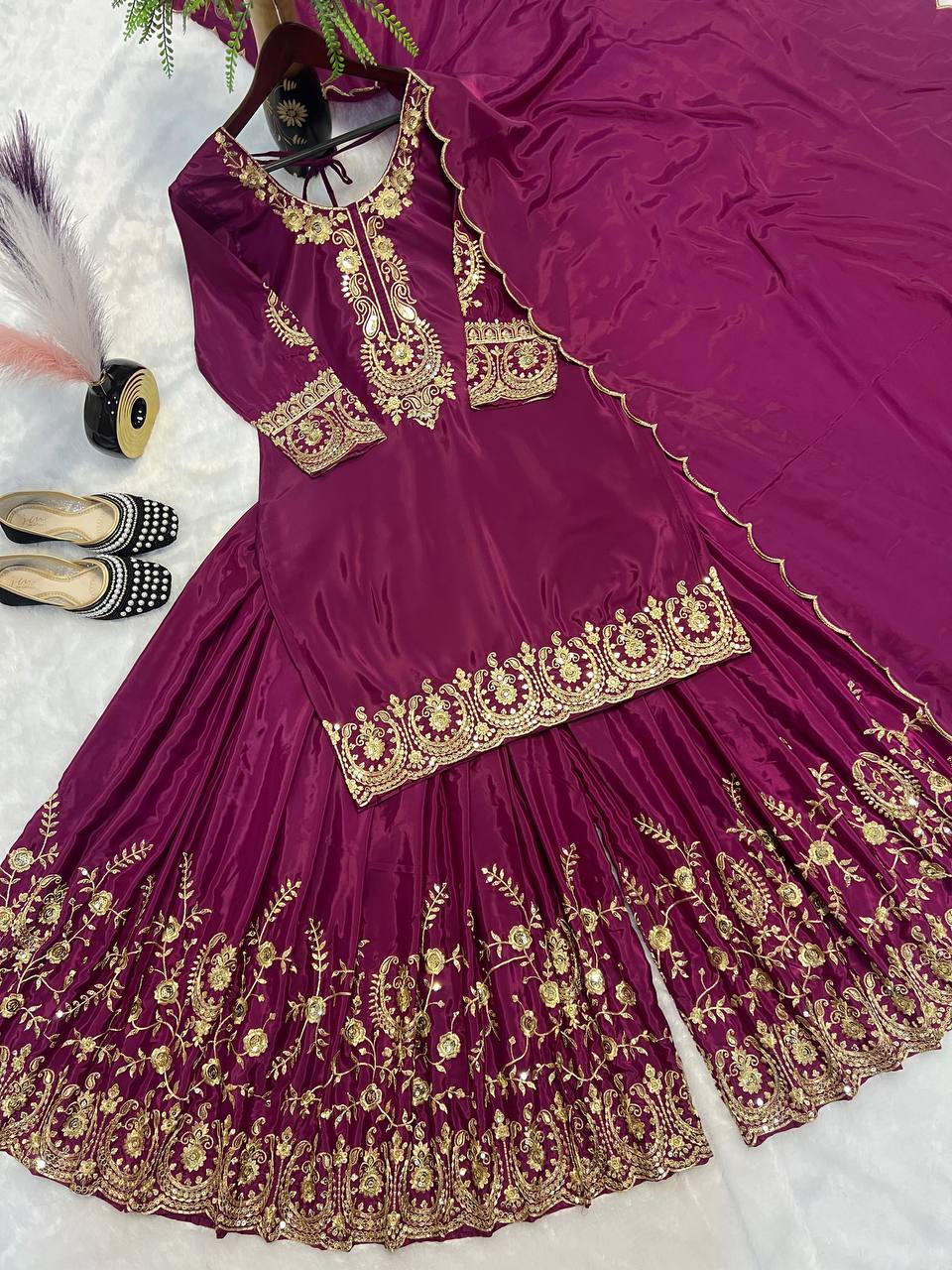 Pure Heavy Natural Crepe Silk with Heavy Embroidery & Fancy Latkan Dori Sleeves