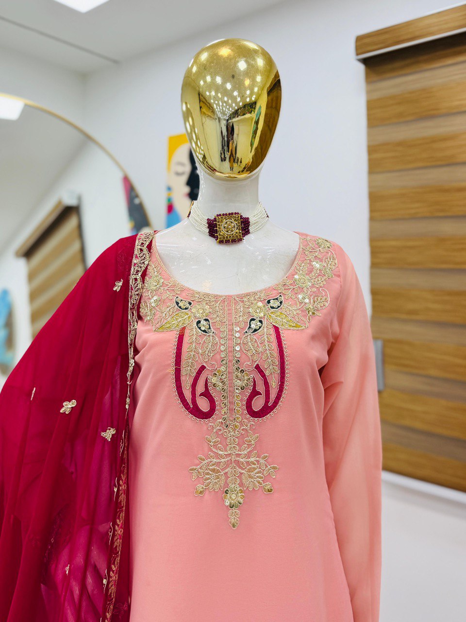 Women’s Designer Party Outfit – Top, Palazzo & Dupatta Set