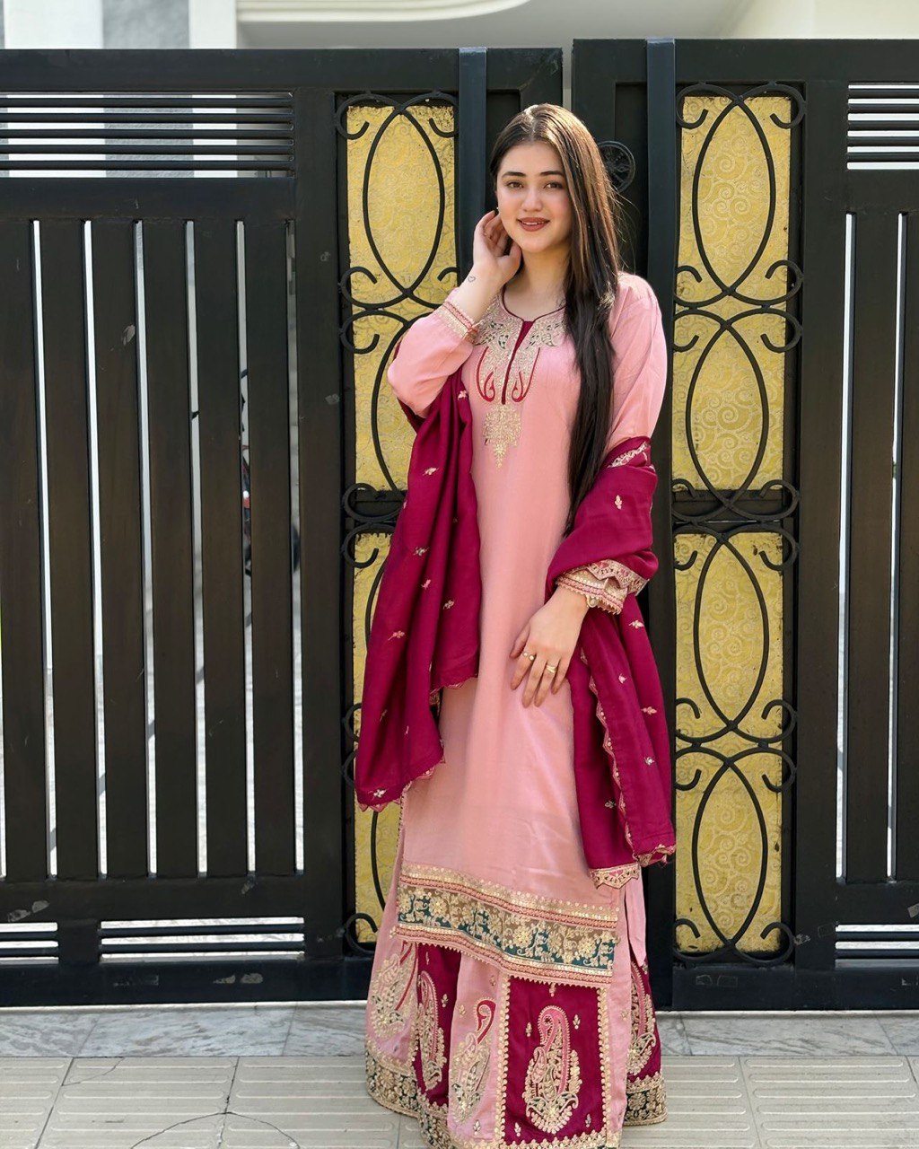 Women’s Designer Party Outfit – Top, Palazzo & Dupatta Set
