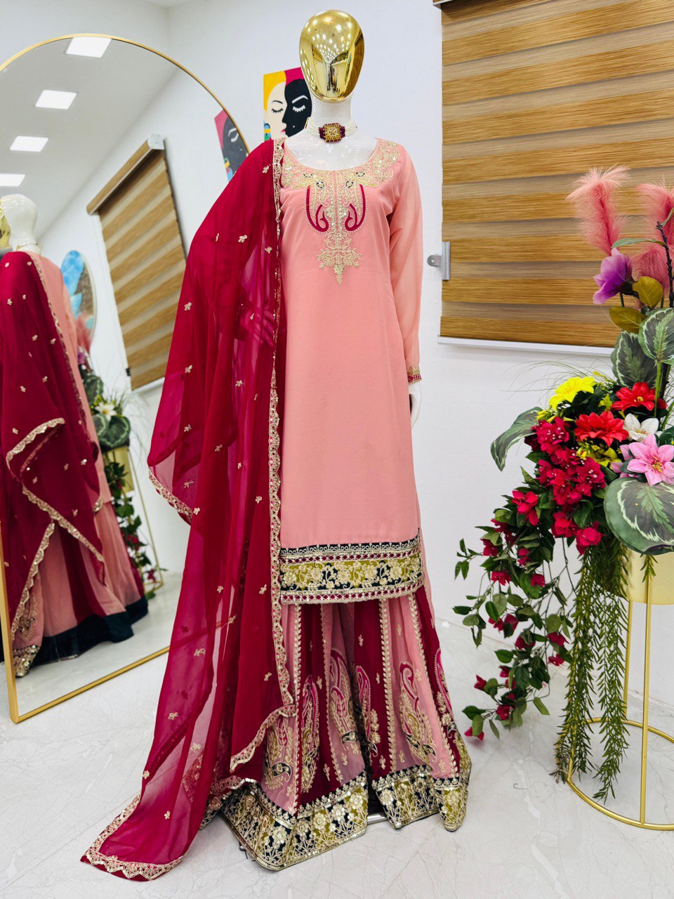 Women’s Designer Party Outfit – Top, Palazzo & Dupatta Set