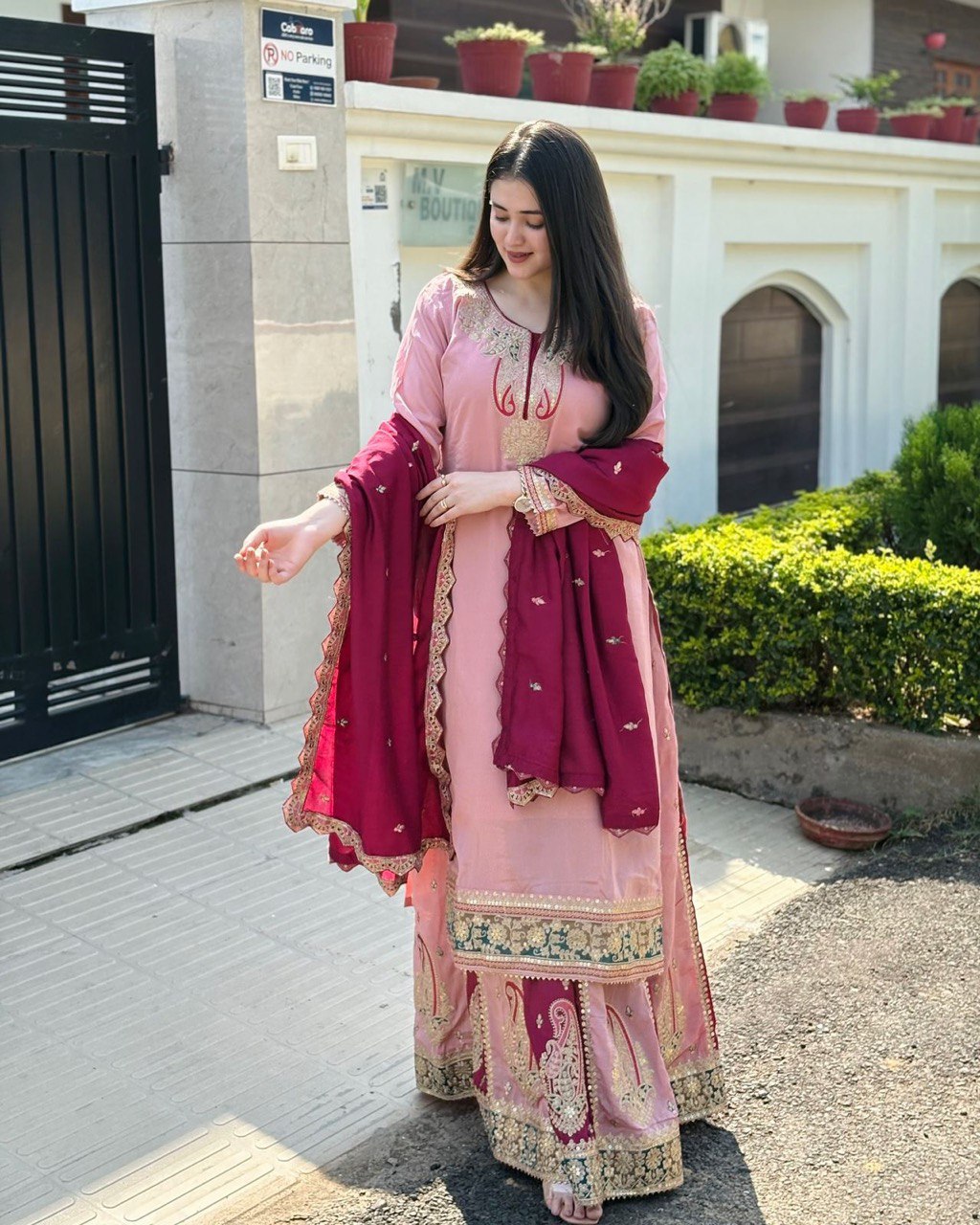 Women’s Designer Party Outfit – Top, Palazzo & Dupatta Set