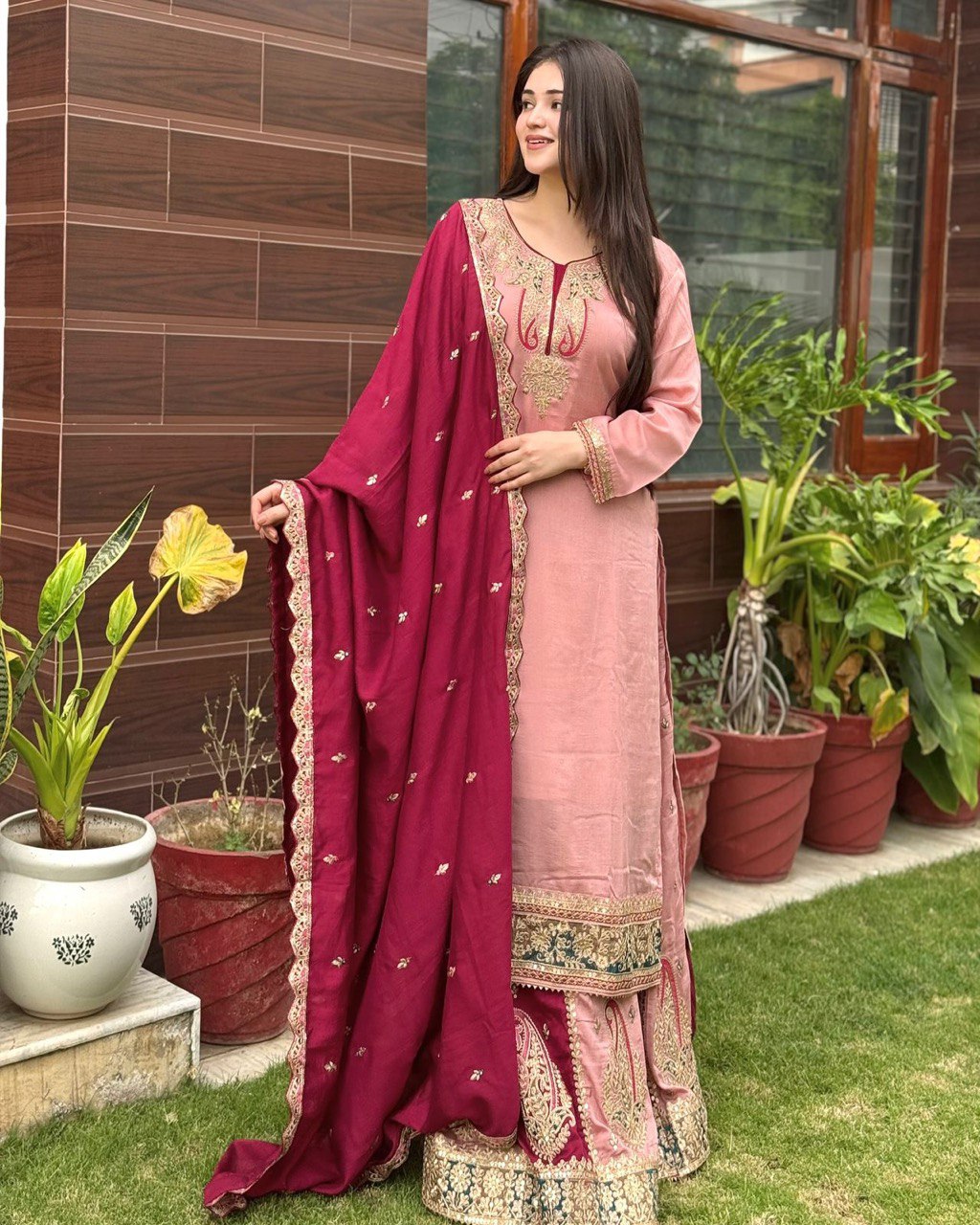 Women’s Designer Party Outfit – Top, Palazzo & Dupatta Set
