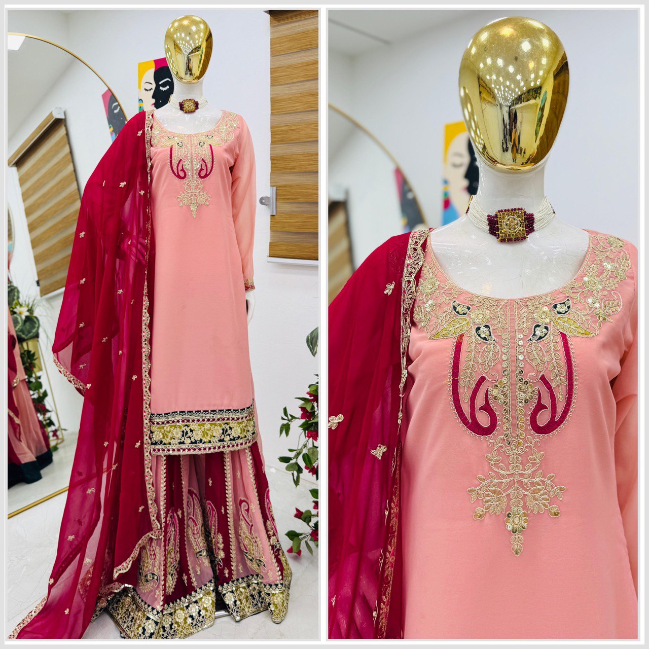 Women’s Designer Party Outfit – Top, Palazzo & Dupatta Set