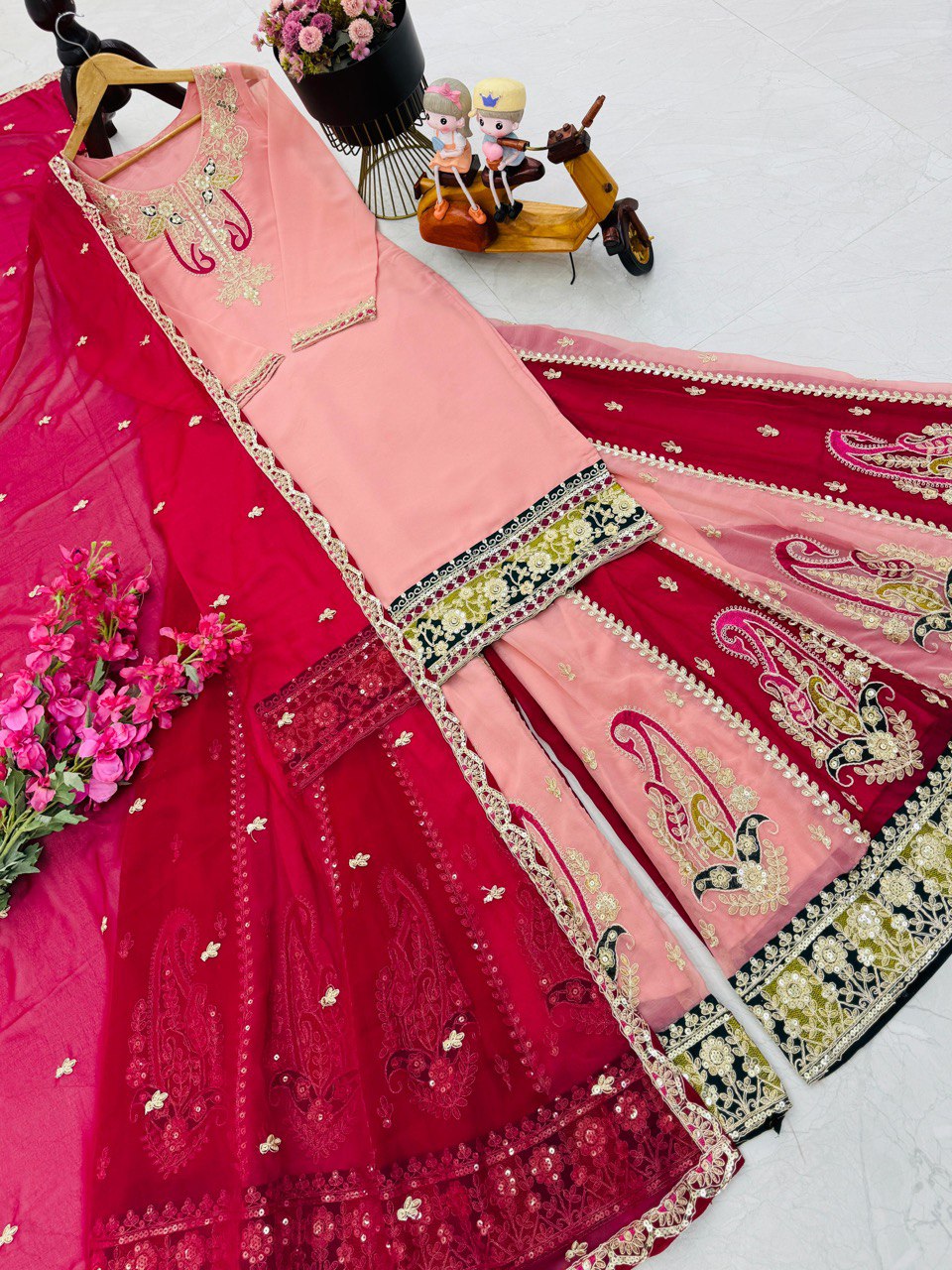 Women’s Designer Party Outfit – Top, Palazzo & Dupatta Set