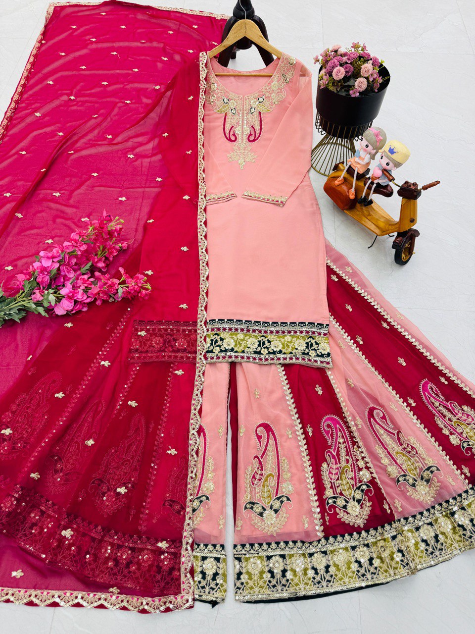 Women’s Designer Party Outfit – Top, Palazzo & Dupatta Set