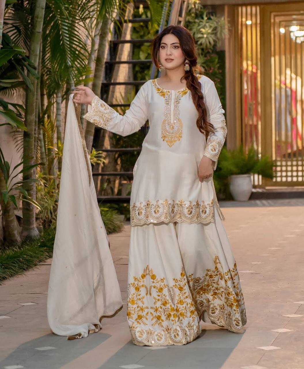 Pure Heavy Natural Crepe Silk with Heavy Embroidery & Fancy Latkan Dori Sleeves