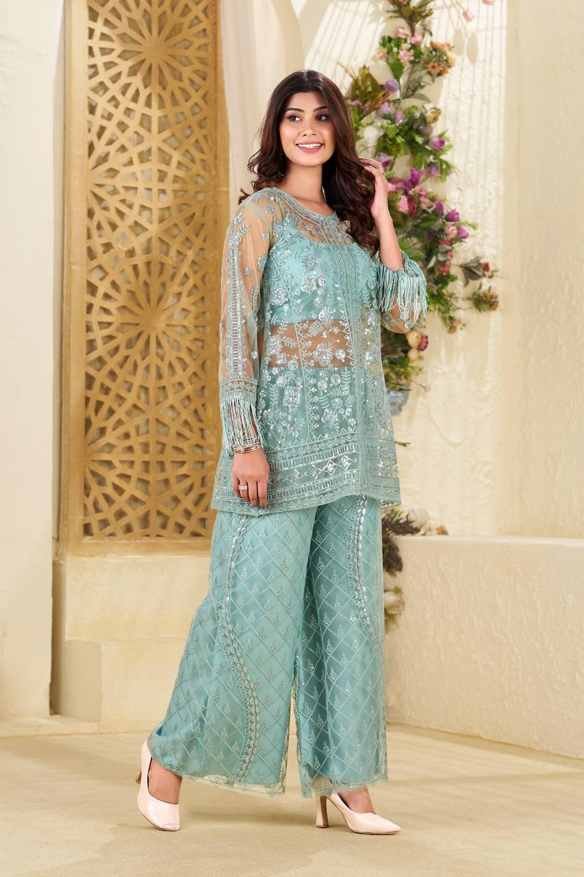 New Arrival: Real Shoot Butterfly Sequence Embroidered Plazzo Set with Blouse