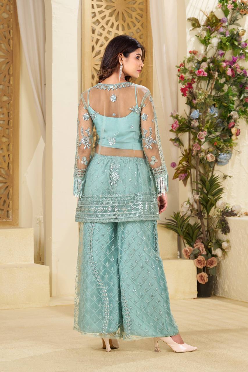 New Arrival: Real Shoot Butterfly Sequence Embroidered Plazzo Set with Blouse
