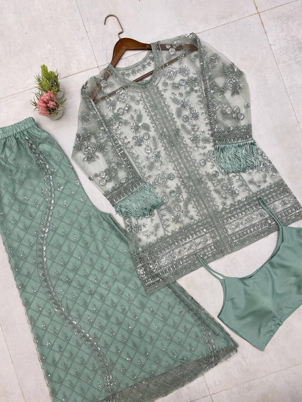 New Arrival: Real Shoot Butterfly Sequence Embroidered Plazzo Set with Blouse