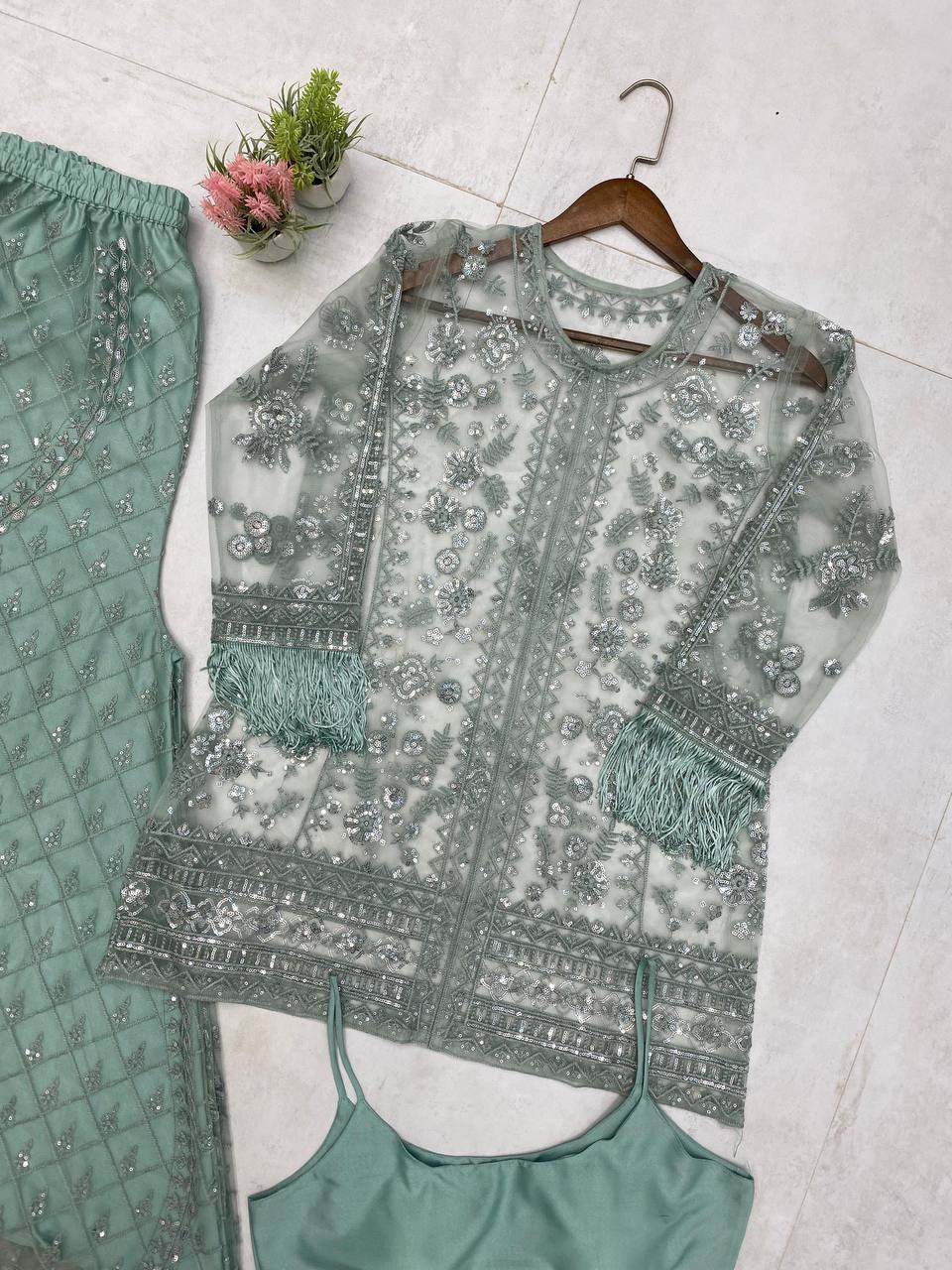 New Arrival: Real Shoot Butterfly Sequence Embroidered Plazzo Set with Blouse