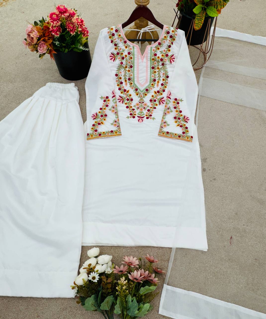 Natural Crepe Silk Stitched Set – Top, Bottom & Dupatta Combo