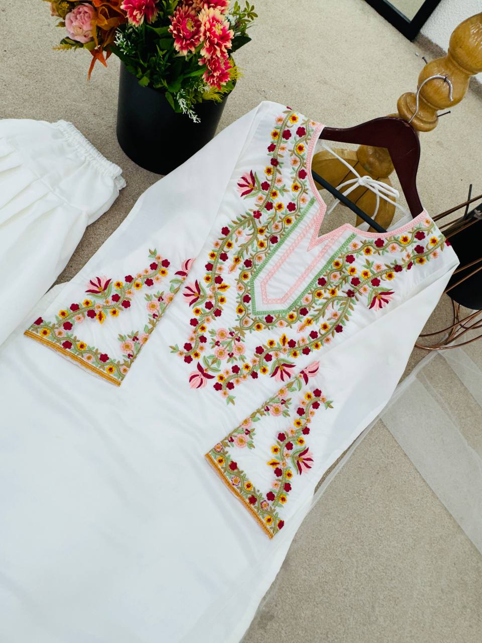 Natural Crepe Silk Stitched Set – Top, Bottom & Dupatta Combo