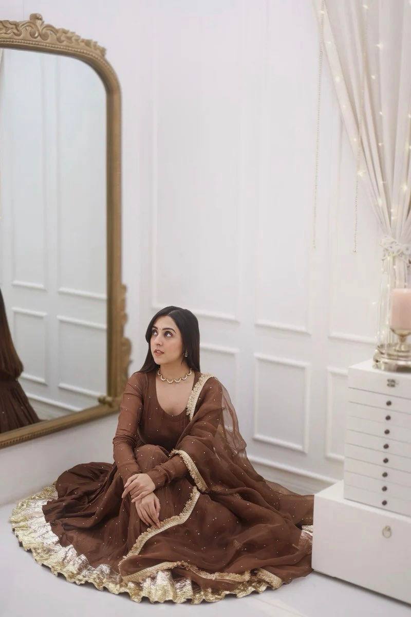 Royal Grace: Fully Stitched Moti Embellished Gown with Net Dupatta