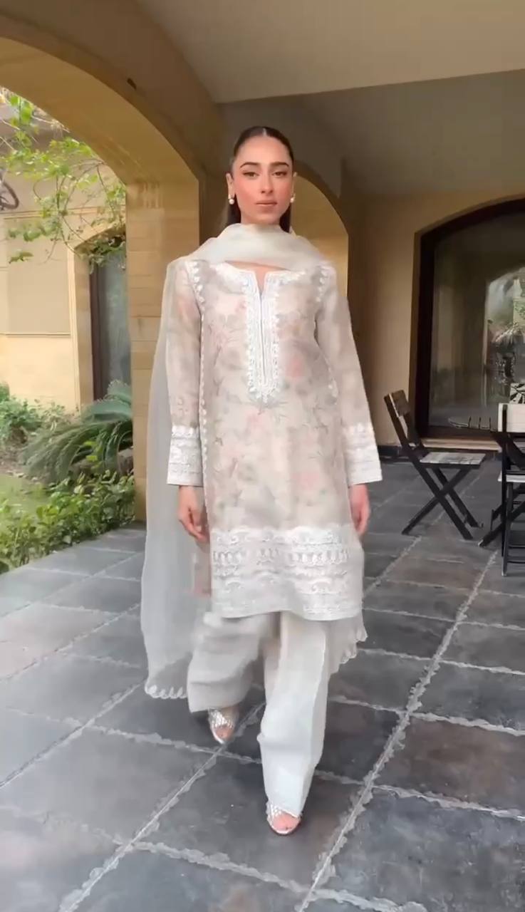 Dream Weave: Organza Silk Top with Lace Dupatta & Crepe Pants