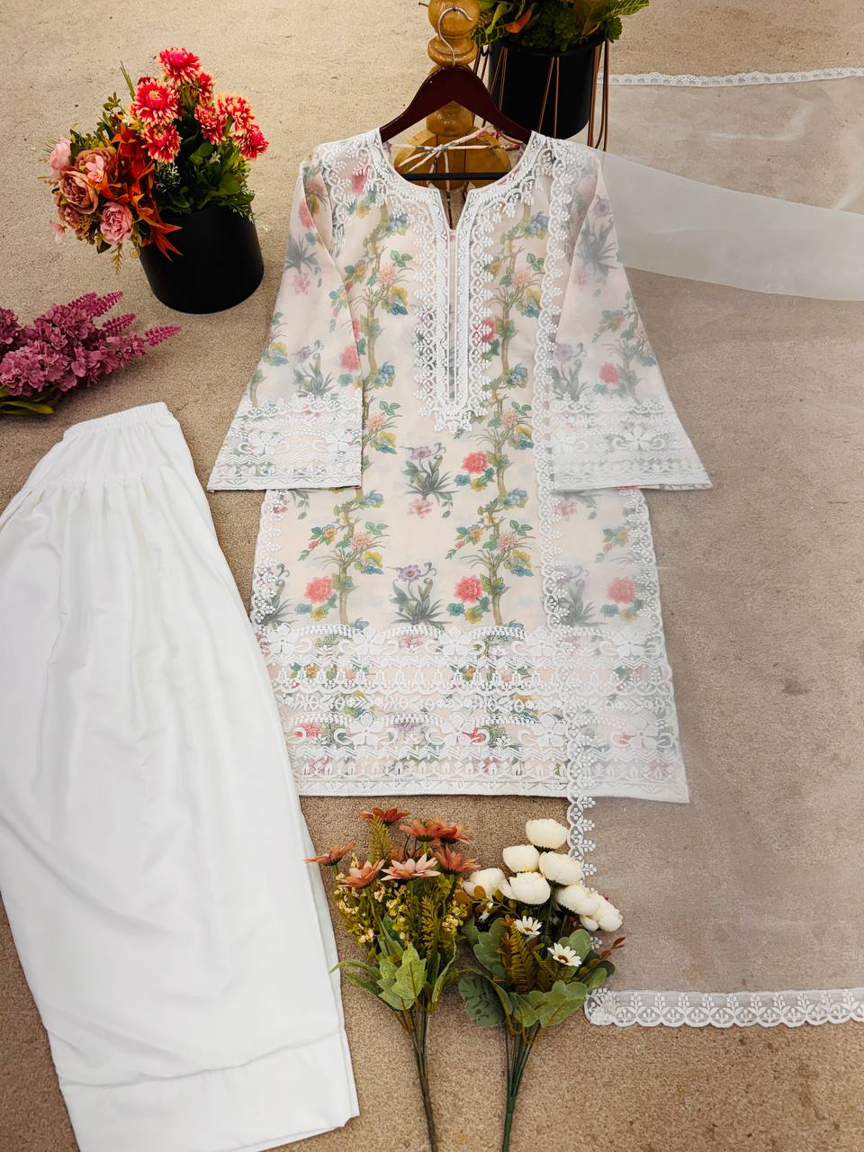 Dream Weave: Organza Silk Top with Lace Dupatta & Crepe Pants