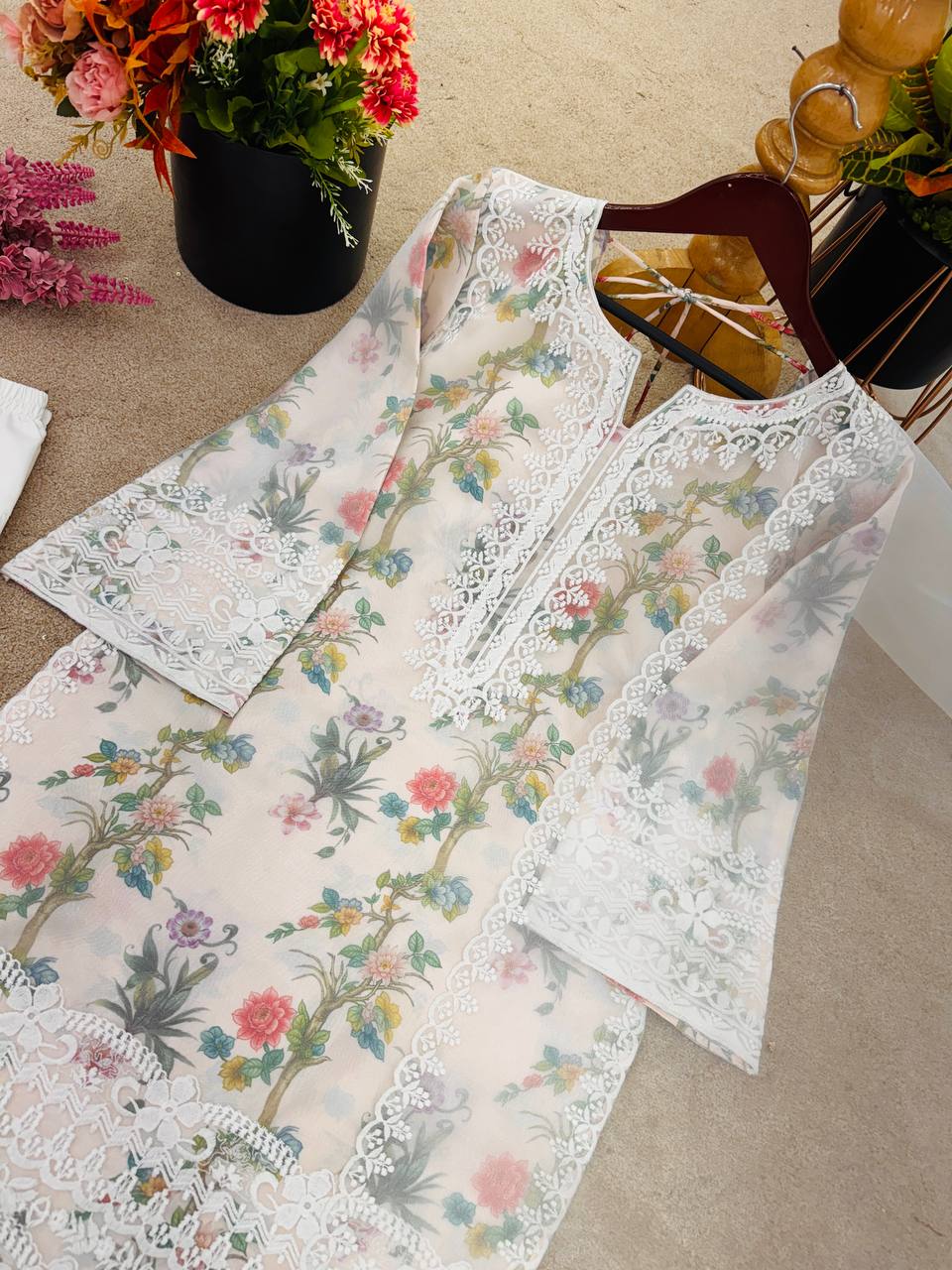 Dream Weave: Organza Silk Top with Lace Dupatta & Crepe Pants