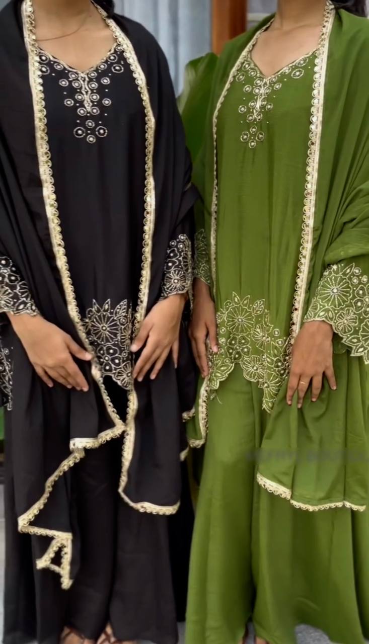 Green & black Chinnon Silk Designer Embroidery Kurta Set