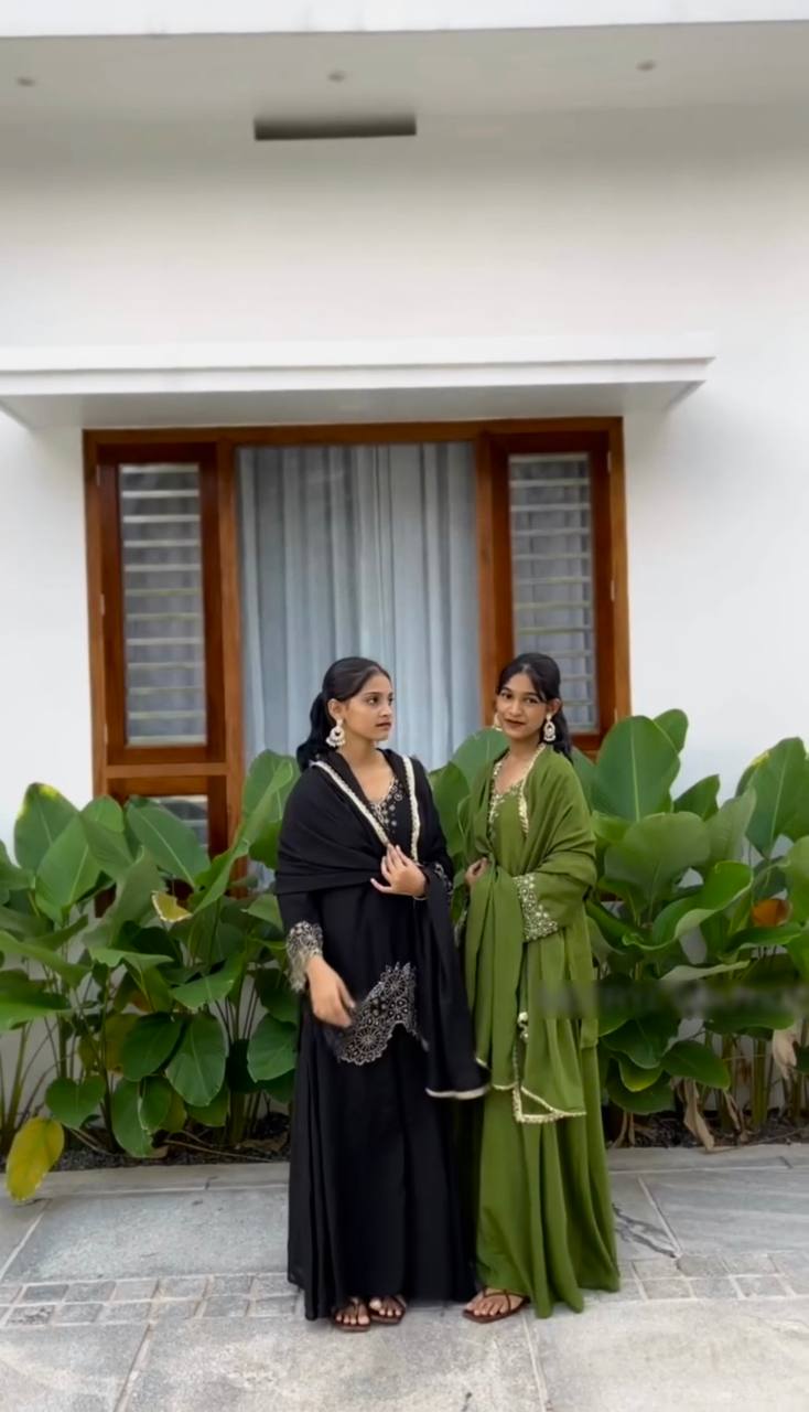 Green & black Chinnon Silk Designer Embroidery Kurta Set