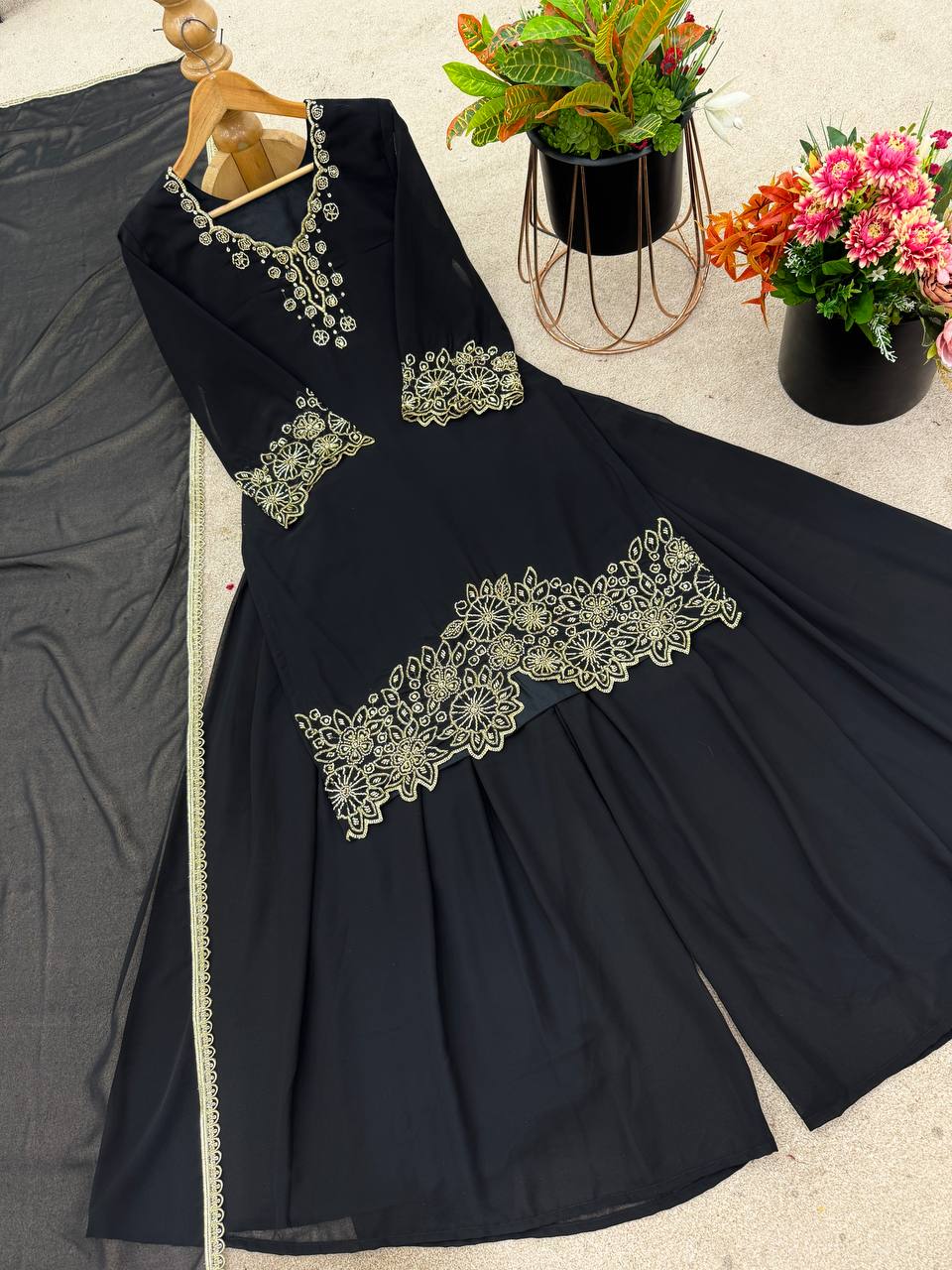 Green & black Chinnon Silk Designer Embroidery Kurta Set