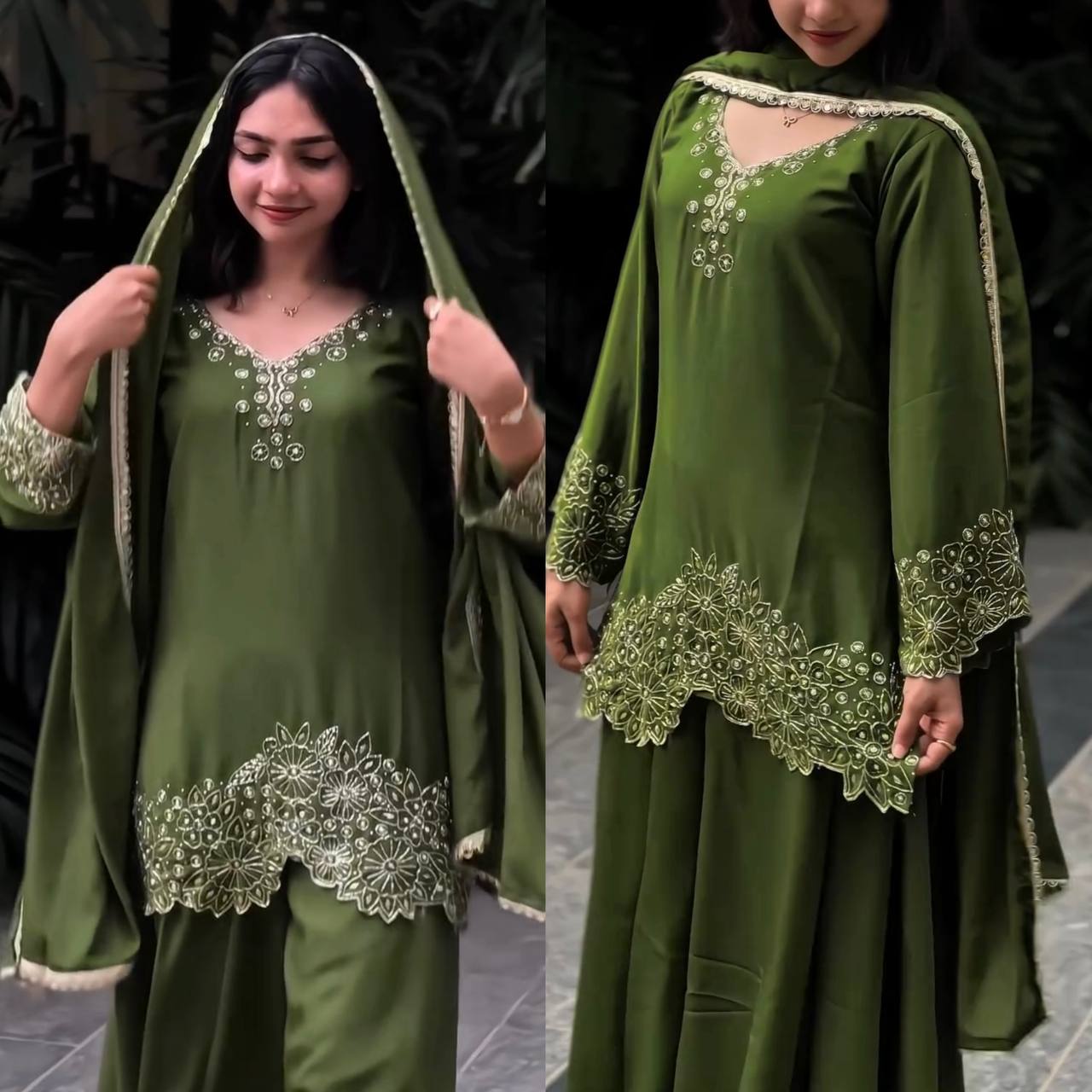 Green & black Chinnon Silk Designer Embroidery Kurta Set