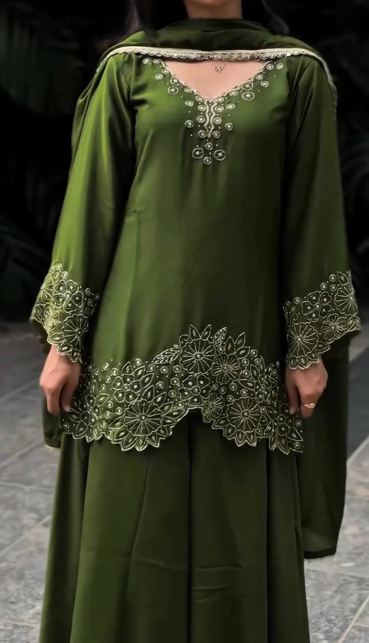 Green & black Chinnon Silk Designer Embroidery Kurta Set