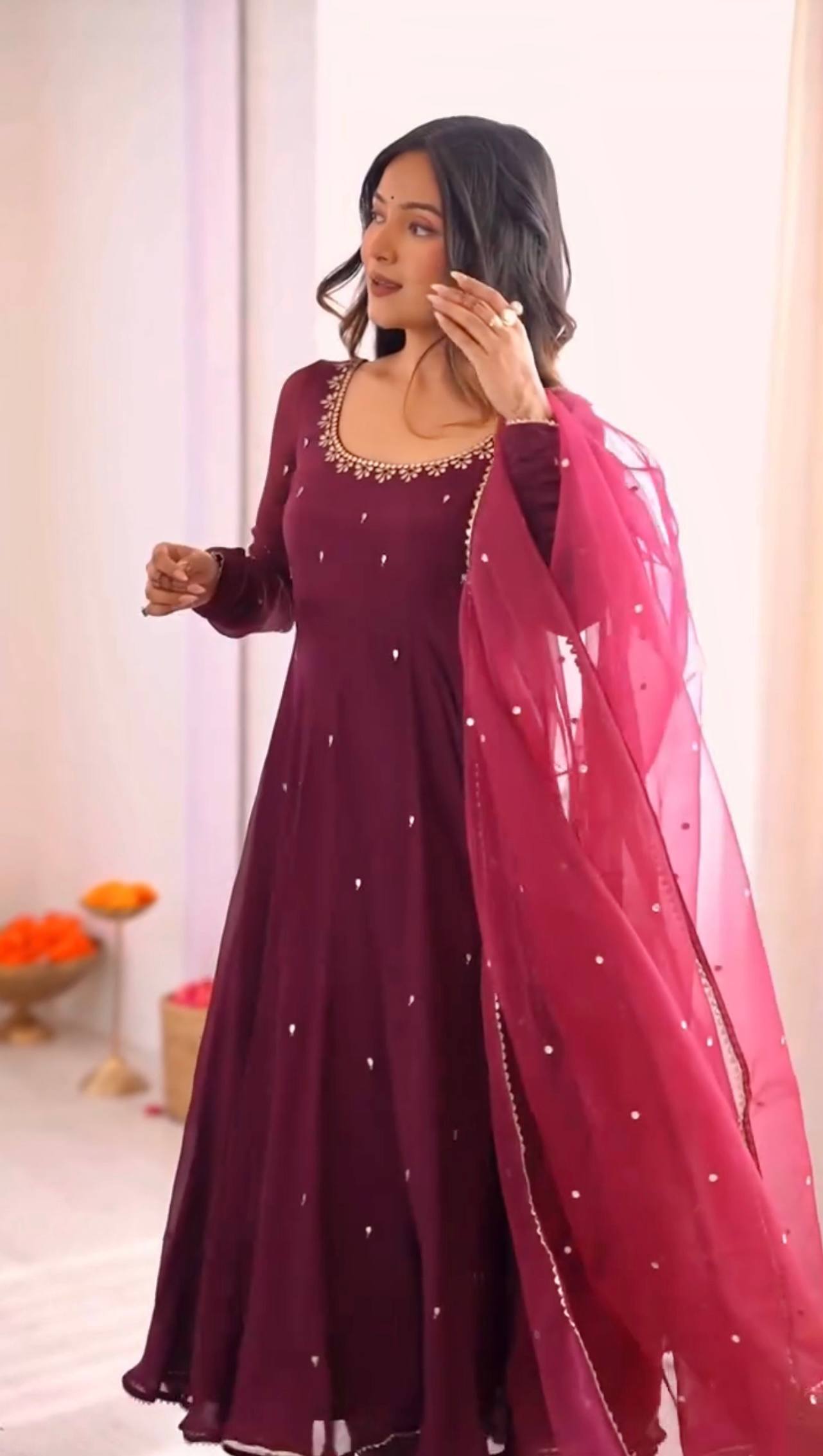 Threaded Grace – Embroidered Fox Georgette Flair Gown