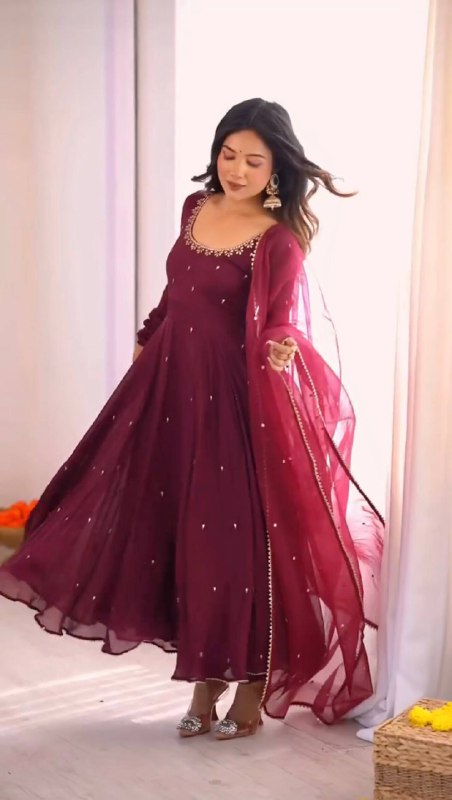 Threaded Grace – Embroidered Fox Georgette Flair Gown