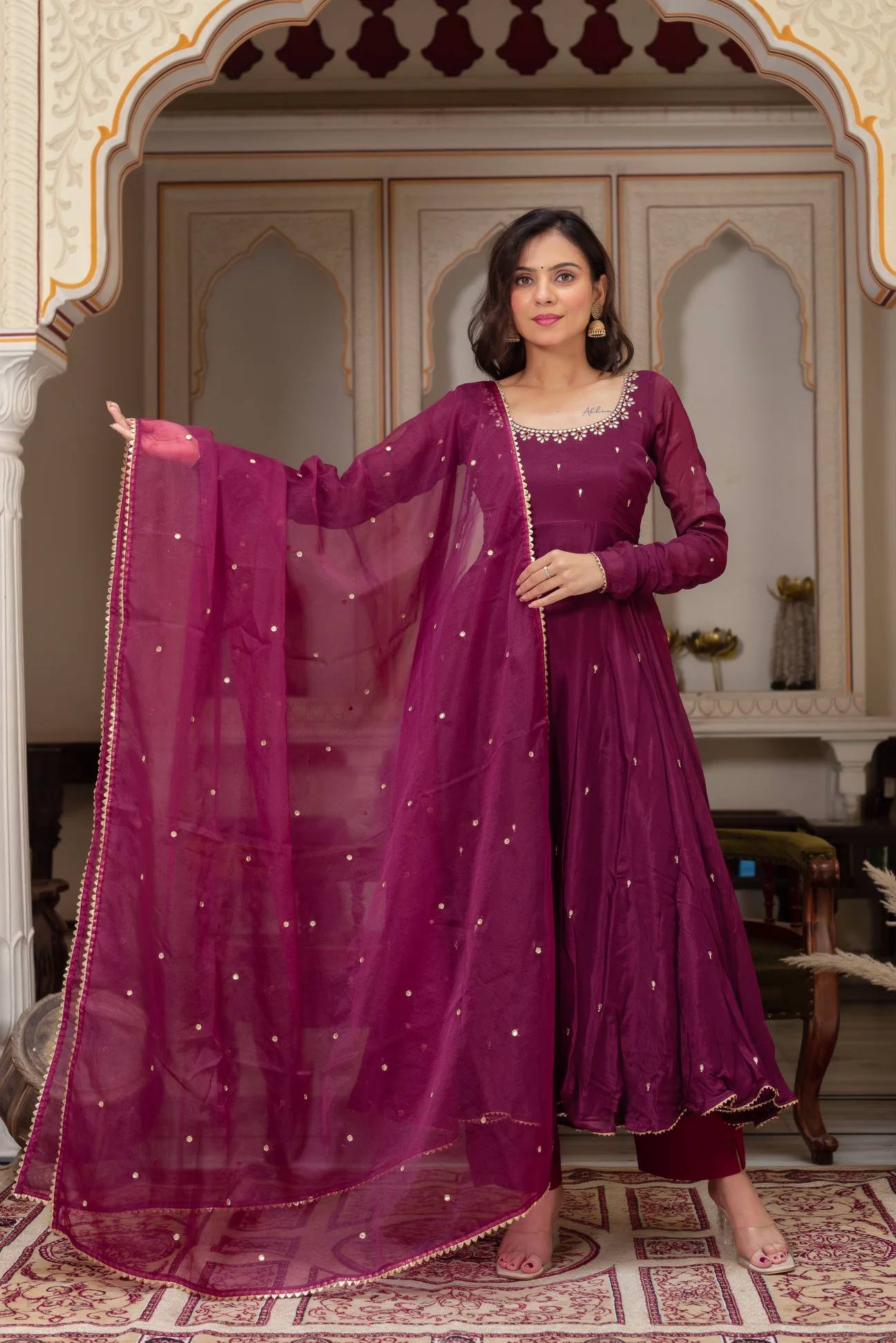 Threaded Grace – Embroidered Fox Georgette Flair Gown