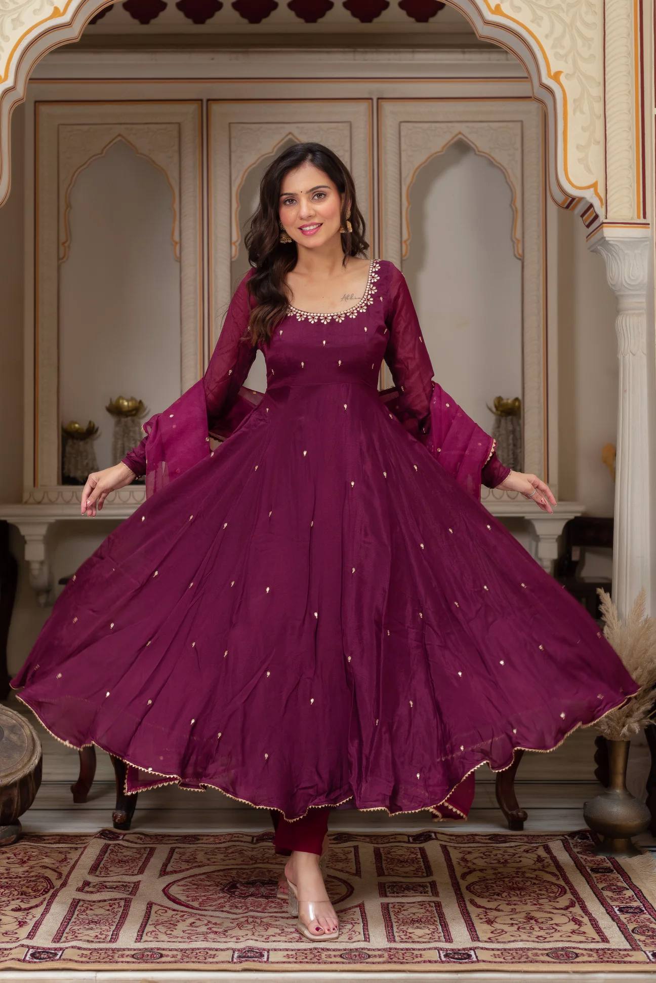 Threaded Grace – Embroidered Fox Georgette Flair Gown