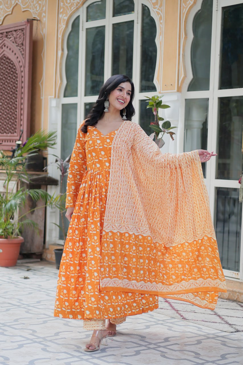 Amazing Classic Orange Color Cotton Fabric Designer Suit