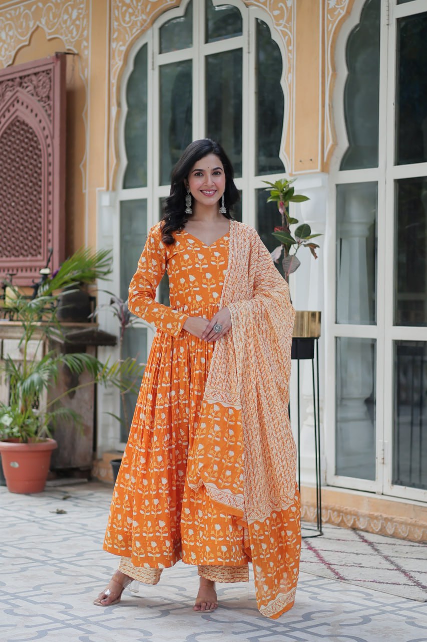 Amazing Classic Orange Color Cotton Fabric Designer Suit