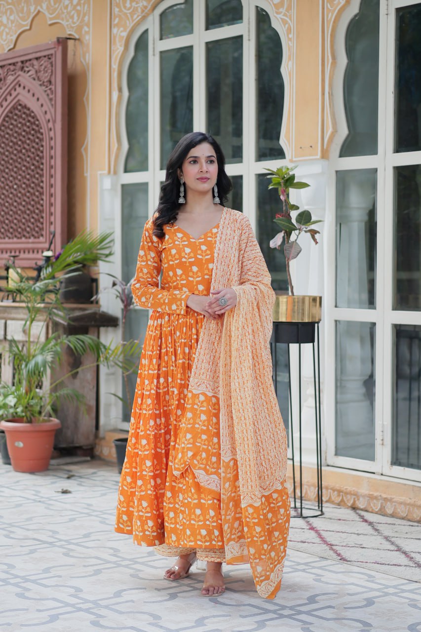 Amazing Classic Orange Color Cotton Fabric Designer Suit